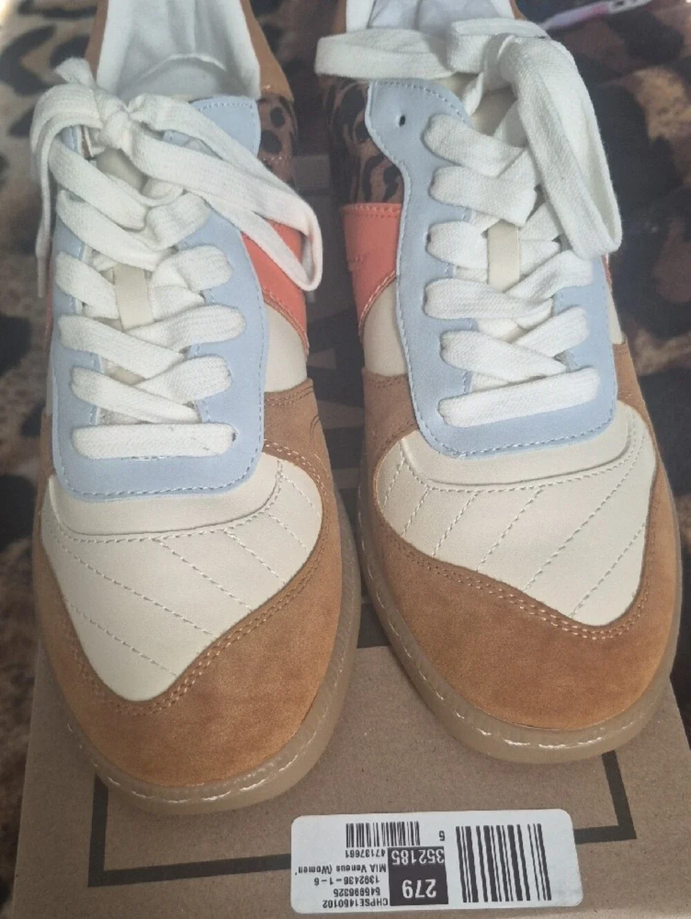 MIA White Tan Leopard Accent Sneakers with Orange Stripe